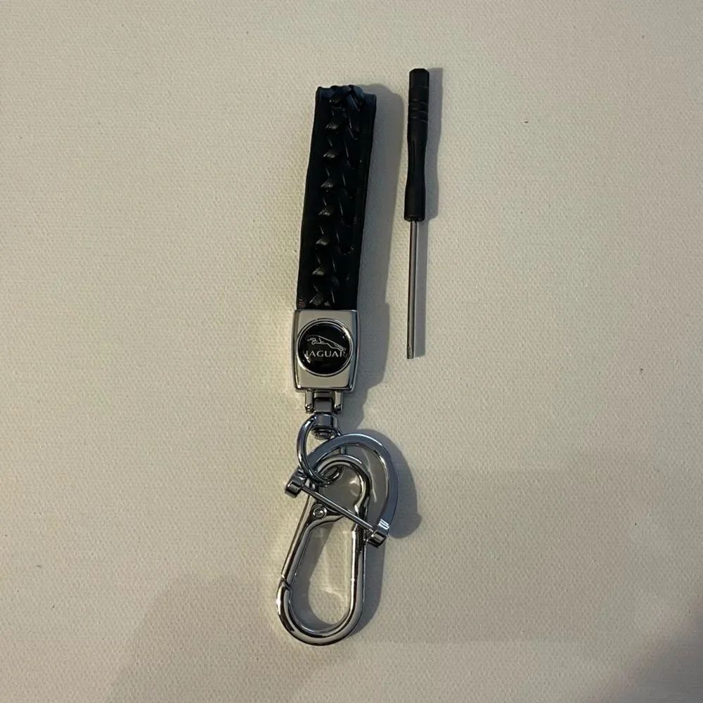 Jaguar Logo Key Fob Keychain in Black and Silver Leather NWT